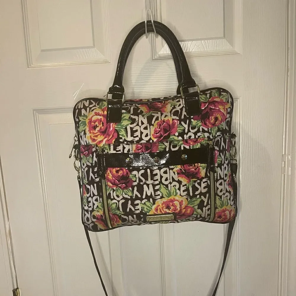Betsey Johnson Nylon colorful large laptop shoulder bag black patent trim &strap - Picture 3 of 14